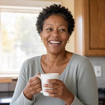 Eine Frau in den Vierzigern lacht in einer hellen Küche und hält eine Tasse mit beiden Händen